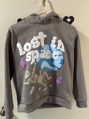 SHEIN Gray "Lost in Space" Graphic Hoodie with Blue & Purple Accents